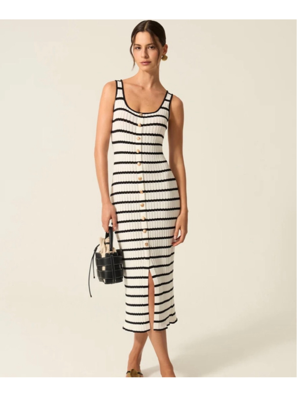 Commense Stripe Knit Button Front Midi Dress M Old Money Minimalist Cruise